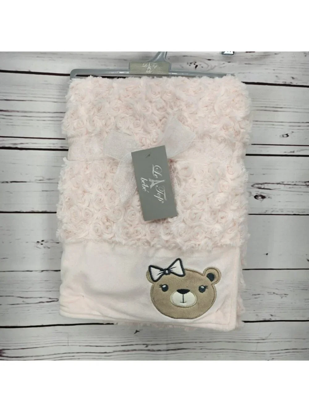 Le Top Bébé Pink Swirl Plush Baby Blanket With Embroidered Bear Design - Soft